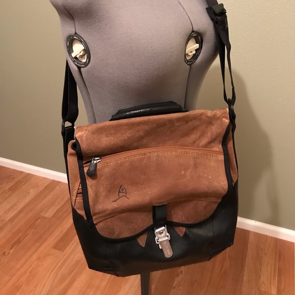 Computer back with tan denim and leather